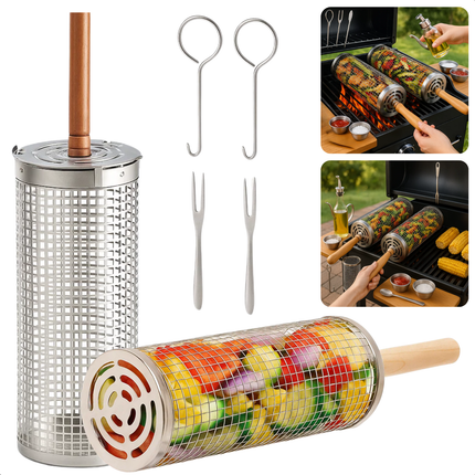 Cheqo® BBQ Grillmand Set - Rollend Grillrooster - Roestvrij Staal - Barbecue Accessoires - Houten Handvat - Vlees, Vis en Groenten - Gelijkmatige Verhitting - 30 CM Grillmand - Set van 2 - BBQ Gereedschap - Cilinder Grillmand - Buiten Koken
