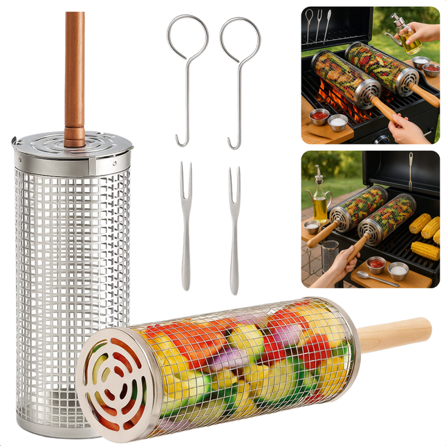 Cheqo® BBQ Grillmand Set - Rollend Grillrooster - Roestvrij Staal - Barbecue Accessoires - Houten Handvat - Vlees, Vis en Groenten - Gelijkmatige Verhitting - 30 CM Grillmand - Set van 2 - BBQ Gereedschap - Cilinder Grillmand - Buiten Koken