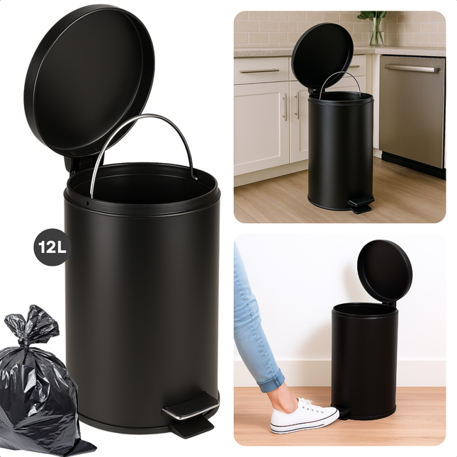 Cheqo® Pedaalemmer Keuken - Afvalemmer - Prullenbak - 12L Zwart - Ronde Afvalemmer Keuken - Stijlvol Design