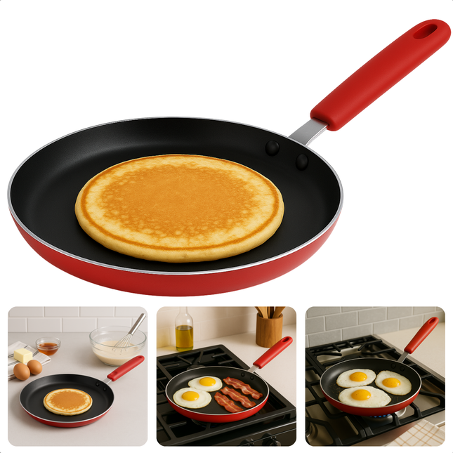 Cheqo® Pannenkoekenpan 24 cm - Pannenkoekpan PFAS Vrij - Crepe Pan - Koekenpan voor Pannenkoeken - Keramische Anti-aanbaklaag - Ook voor Inductie - Rood