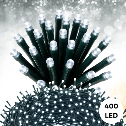 Cheqo® Kerstverlichting - Kerstlampjes - Kerstboomverlichting voor Buiten - 400 LED Lampjes - 8 Meter Lengte - Wit Licht - Koelwit - 8 Lichtfuncties - Geheugenfunctie - Timer 8 Uur - IP44 Adapter - Groen Snoer - Binnen en Buiten - Verlichte Lengte 800 CM