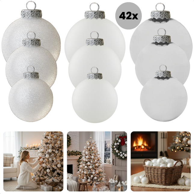 Cheqo® Kerstballen Set - Glazen Kerstballen - Witte Kerstballen - Kerstboom Decoratie - Glimmende Kerstballen - Glitter Kerstballen - Moderne Kerstdecoratie - Witte Kerstbal Set - Witte Ballen Kerst