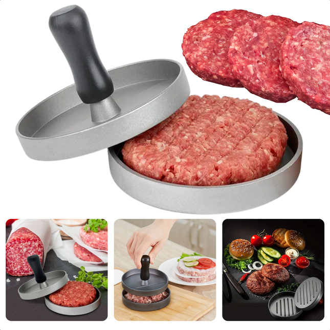 Cheqo® Hamburgerpers - Hamburger Pers - Hamburger Maker - Aluminium Hamburgermaker - Rond - Met Handvat