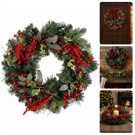 Cheqo® Kerstkrans - Deurkrans - Rode Bessen - Dennenappels - Groene Naaldtakken - Traditionele Kerstdecoratie - Klassieke Uitstraling - Stevige Takken - Polyetheen Materiaal - Kerst Krans - Deurkrans - Herbruikbaar - 50 CM Diameter