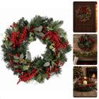 Cheqo® Kerstkrans - Deurkrans - Rode Bessen - Dennenappels - Groene Naaldtakken - Traditionele Kerstdecoratie - Klassieke Uitstraling - Stevige Takken - Polyetheen Materiaal - Kerst Krans - Deurkrans - Herbruikbaar - 50 CM Diameter