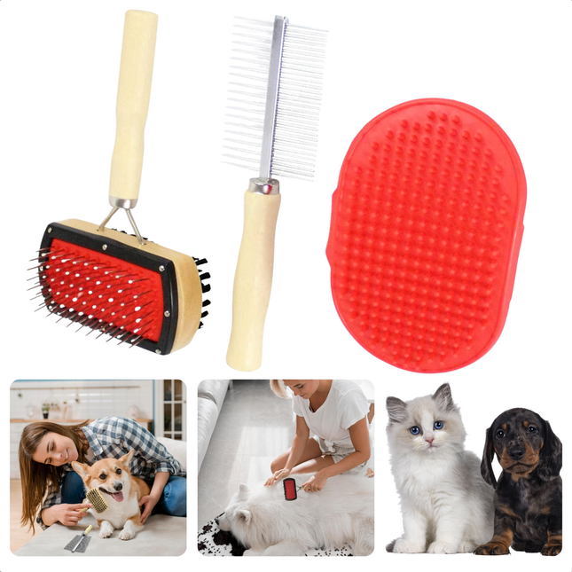 Cheqo® Hondenborstelset 3-Delig - Borstel voor Hond - Slickerborstel Hout & Rubber - Hondenborstel Set Voor Alle Hondenrassen - Kattenborstel - Metalen Kam Inclusief