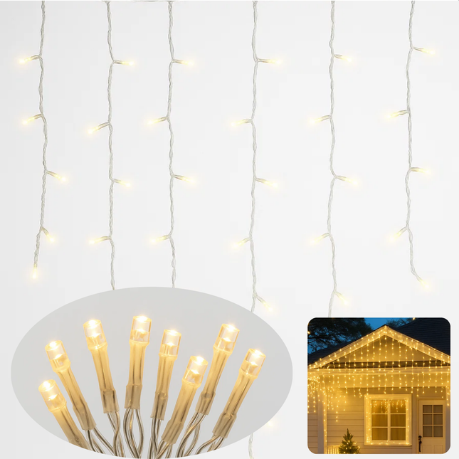 Cheqo® Ijspegel Verlichting - Kerstverlichting Warm Wit - Ijspegelverlichting Transparant Snoer - 90 LED - Lichtgordijn - Kerstverlichting Buiten - voor Binnen en Buiten - IP44 Adapter - Energiezuinig - Decoratieve Verlichting