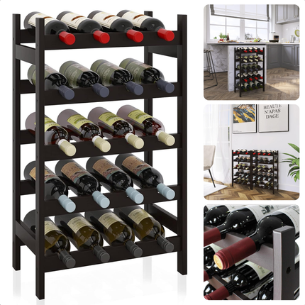 Cheqo® Wijnrek Bamboe - Flessenrek - Wijnflesrek - Wijnmeubel Voor 20 Flessen - Bruin Gelakt - Met Anti-Kras Rubbers