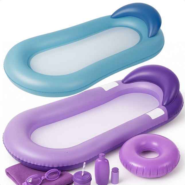 Cheqo® Opblaasbaar Lounge Luchtbed – Zwembad Luchtbed met Netbodem – Relax Loungebed – Drijvend Zonnebed – Duurzaam PVC – Strand Luchtbed – Inclusief Repairpatch – Paars of Blauw – Comfort & Ontspanning