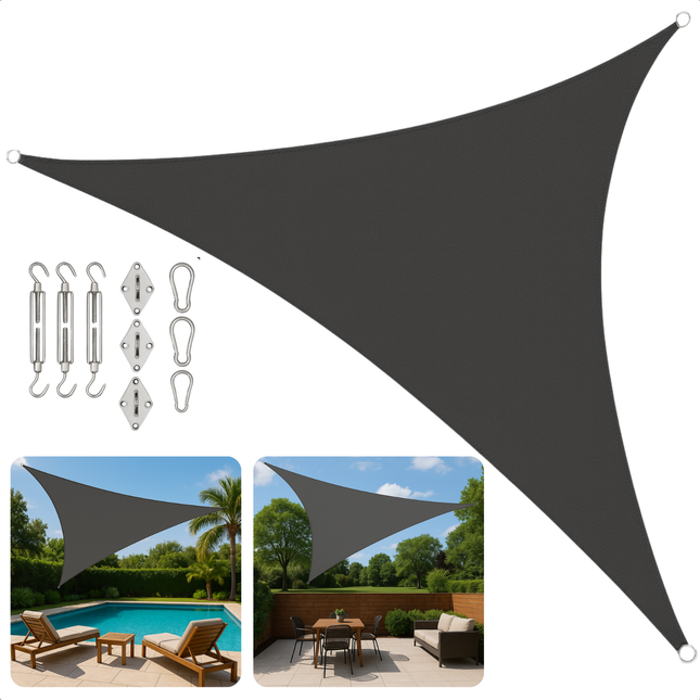 Cheqo® Schaduwdoek Driehoek - Schaduw Doek - Zonnescherm - Donkergrijs - UV-Beschermend - UPF 50+ - 100% Polyester - Zware Kwaliteit