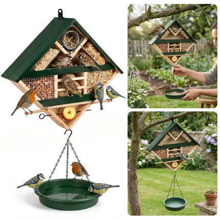 Cheqo® Vogelvoederstation - Vogelvoerstation - Vogelvoederhuisje - Vogelvoederhuisje Hangend - Vogelvoederhuisje Met Waterbak - Vogelvoederstation Met Waterbak - Vogelvoederhuisje Met Water - Vogelbadje Hangend