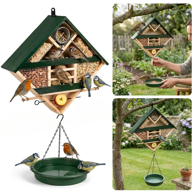 Cheqo® Vogelvoederstation - Vogelvoerstation - Vogelvoederhuisje - Vogelvoederhuisje Hangend - Vogelvoederhuisje Met Waterbak - Vogelvoederstation Met Waterbak - Vogelvoederhuisje Met Water - Vogelbadje Hangend