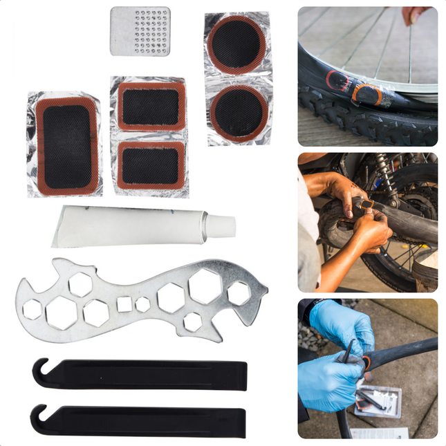 Cheqo® Fiets Reparatieset 10-Delig - Fietsbandenreparatieset - Fietskit - Repair Kit - Complete Bandenplakset met Inbussleutel en Bandenlichters