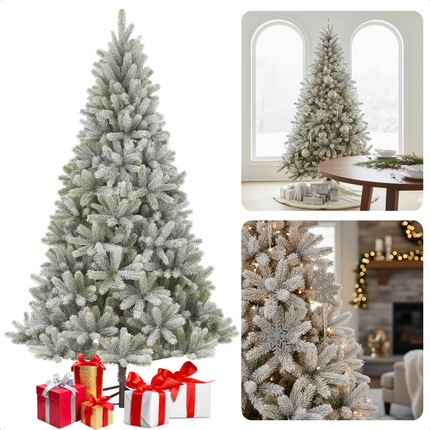 Cheqo® Kunstkerstboom met Sneeuw - Luxe Afwerking - Realistische Look - Natuurgetrouwe Naaldvorm - Scharnierconstructie - Volle Kerstboom - Weelderige Boom - Kerstboom 180 CM - Groene Kerstboom - Gemakkelijk Op Te Zetten