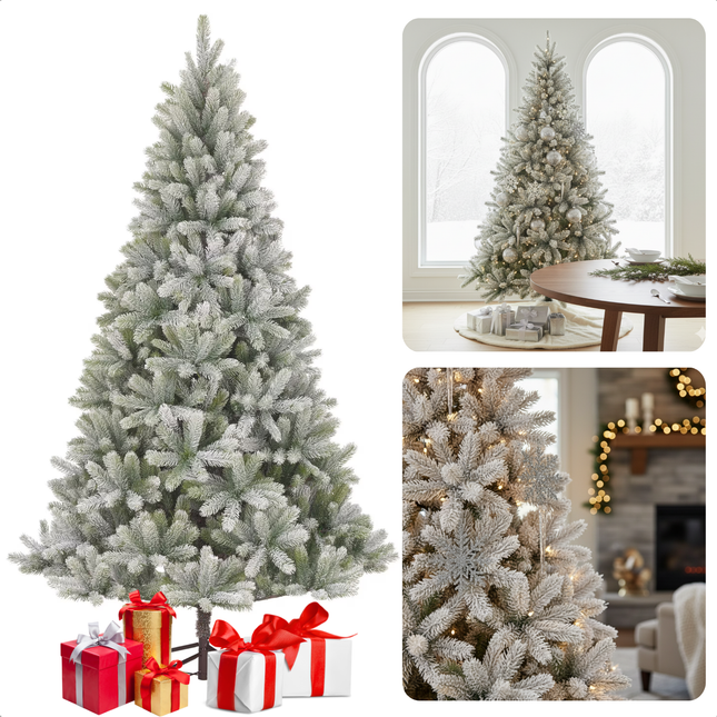 Cheqo® Kunstkerstboom met Sneeuw - Luxe Afwerking - Realistische Look - Natuurgetrouwe Naaldvorm - Scharnierconstructie - Volle Kerstboom - Weelderige Boom - Kerstboom 180 CM - Groene Kerstboom - Gemakkelijk Op Te Zetten