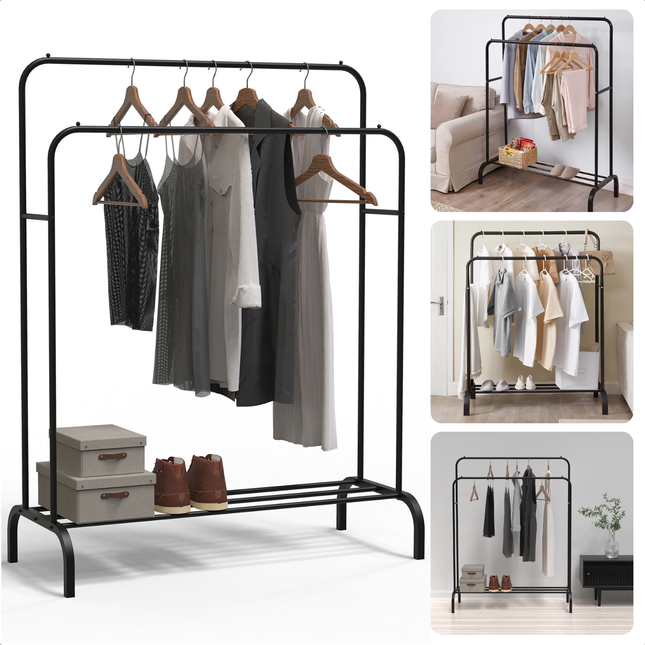 Cheqo® metalen kledingrek zwart met schoenenrek en hangers, biedt stijlvolle opbergruimte in slaapkamer of kleedkamer.