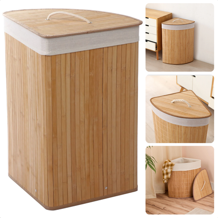 Cheqo® Bamboe Wasmand Hoekmodel - Wassorteerder met Waszak - 72L Opvouwbaar - Naturel met Deksel