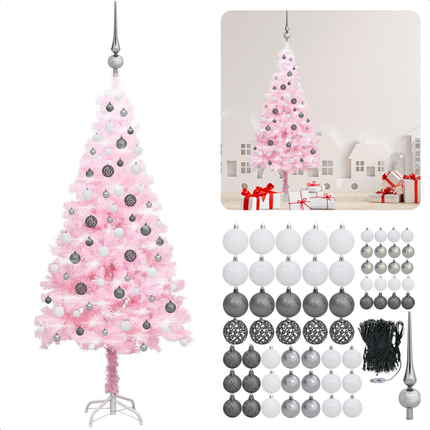 Cheqo® Roze Kerstboom - Kunstkerstboom 150 cm - Met LED-Verlichting en Kerstballen - PVC en Staal