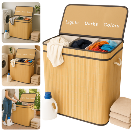 Cheqo® Wasmand 3 Vakken - Wassorteerder - Bamboe Materiaal - Uitneembare Waszak - Licht Donker Kleur - 100 Liter Inhoud - Naturel Kleur - Wasbare Binnenzak - Wasgoed Organizer - Gescheiden Was