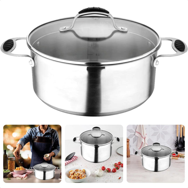 Cheqo® Kookpan - RVS - Ø24 cm - 5.2L - Glazen Deksel - Inductiegeschikt - Vaatwasserbestendig - Siliconen Handvatten - Maataanduiding - Lange Levensduur - Glazen deksel - Voor Alle Warmtebronnen Kookpannen