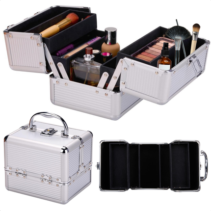Cheqo® Make-up Koffer Aluminium - Grote Cosmetica Organizer - Beauty Case met Vakken - Visagiekoffer - Cosmeticakoffer - Beautycase