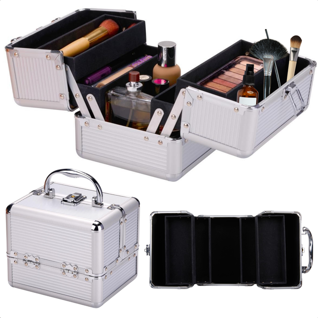 Cheqo® Make-up Koffer Aluminium - Grote Cosmetica Organizer - Beauty Case met Vakken - Visagiekoffer - Cosmeticakoffer - Beautycase