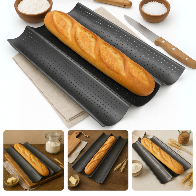 Cheqo® Stokbroodvorm - Bakvorm voor Stokbrood - Stokbrood Bakplaat Voor 3 Stokbroden - Baguette Bakvorm