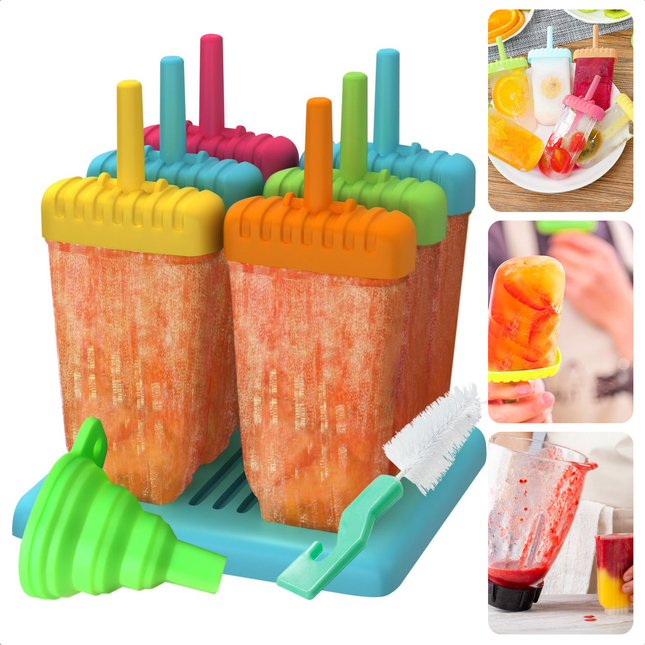 Cheqo® IJsjesmaker Siliconen - Waterijsjes Vormen - Herbruikbare IJsjesvormpjes - Ijsmaker - Zelf Ijsjes Maken - IJslolly - Voor 6 IJsjes - Met Houder