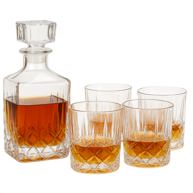 Cheqo® Whiskey Karaf Set - Glazen Karaf - Whiskey Glazen - Karaf Met Dop - 4 Glazen - Whiskey Set - Karaf 24 cm - Glazen 8 cm - Budget Whiskey Set - Whiskey Karaf - Whiskey Cadeau - Glazen Whiskey Set - Karaf En 4 Glazen