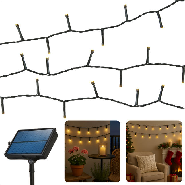Cheqo® Solar Lichtsnoer - Kerstverlichting Buiten - Kerstboomverlichting - Cluster Verlichting - 10.5 Meter - 240 Led - Met Afstandsbediening - Warm Wit Licht - Tuinverlichting Op Zonne-Energie - Sfeerverlichting Buiten - Lichtslinger - Met Timer