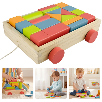 Cheqo® Houten Blokkenkar - Blokkenkar met Blokken - Blokkenkar Speelgoed - Baby Blokkenkar - Blokkenkar voor Peuter - Blokkenkar 20 Blokken