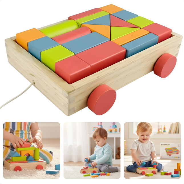 Cheqo® Houten Blokkenkar - Blokkenkar met Blokken - Blokkenkar Speelgoed - Baby Blokkenkar - Blokkenkar voor Peuter - Blokkenkar 20 Blokken