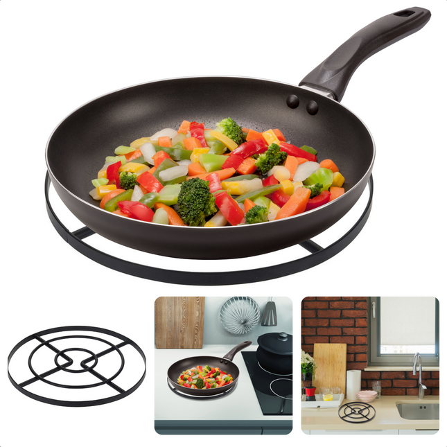 Cheqo® Onderzetter - Ø 23 cm - Staal - Zwart - Hittebestendig - Duurzaam - Antislip - Bescherming voor Tafel - Onderzetter voor Pan - Panonderzetters - Extra Sterk - Veilig - Stijlvol Design - Tafelbescherming - Krasbestendig Onderzetters