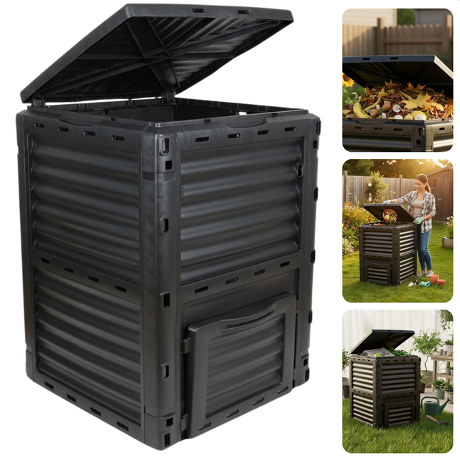 Cheqo® Compostvat 300 Liter - Compostbak - Composter - Afval Recyclen - Vierkant Model - Kunststof Compostbak - Compostton - Kompostvat - Zwart Kunststof - Groente- En Fruitafval - Tuinafval Composteren - Afvalbak Compost