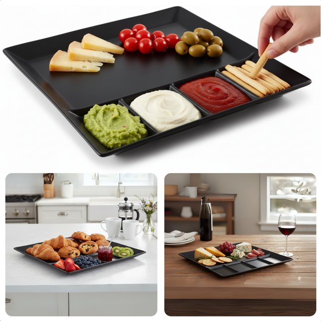 Cheqo® Mat Zwart Fonduebord - Fonduebord Porselein - Gourmetbord Met Vakken - 5-Vaks Bord - Hittebestendig Porselein - Vaatwasserbestendig Bord - Magnetronbestendig Bord - Ovenbestendig Bord - Vriezerbestendig Bord