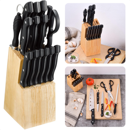 Cheqo® 15-delige Keukenmessen Set in Houten Messenblok - Messenset met Schilmes - Chefmes - Steakmessen - Messenset met Blok