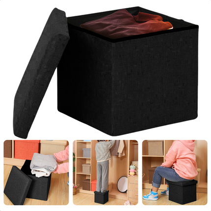 Cheqo® Opvouwbare Poef Met Opbergruimte - Zwart - Opbergbox - Organizer - Voetenbankje - Hocker - MDF en Katoen