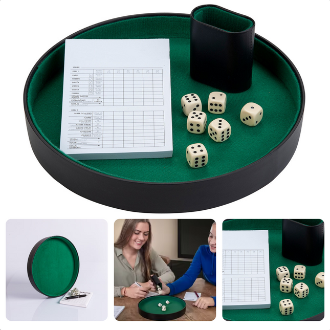 Cheqo® Yahtzee Spel Set met Dobbelstenen - Dobbelbak - Yam Spel - Inclusief Scoreblad en Accessoires - Dobbelsteenbak - Dobbelset met Scoreblok