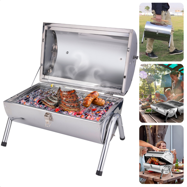 Cheqo® Draagbare Barbecue - Houtskoolbarbecue - Houtskool BBQ - Barbecue - Dubbel Grillrooster - Compact Reisformaat - RVS Koffermodel