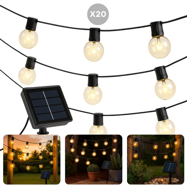 Cheqo® Solar Lichtsnoer - Zonne-Energie Verlichting - Warm Wit LED - Energiezuinige Verlichting - Milieuvriendelijke Verlichting - Buitenverlichting - Tuinverlichting Op Zonne-Energie - Lichtslinger Buiten - Sfeerverlichting - 20 LED Lampjes
