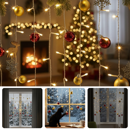 Cheqo® Lichtgordijn Kerstballen - Kerstverlichting Op Batterijen - Warm Wit Licht - 74 LED Lampjes - Automatische Timer - IP-44 - Buiten Geschikt - Kerstdecoratie Binnen - Kerstdecoratie Buiten - Sfeer Verlichting - Lichtnet - Licht Gordijn