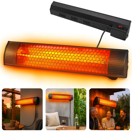 Cheqo® Elektrische Terrasverwarmer - Infrarood Verwarming - 2000W Vermogen - Hangend Model - IP55 Bescherming - Spatwaterdicht - Binnen En Buiten Gebruik - Gouden Halogeenlamp - Wand- Of Plafondmontage - Energiezuinig