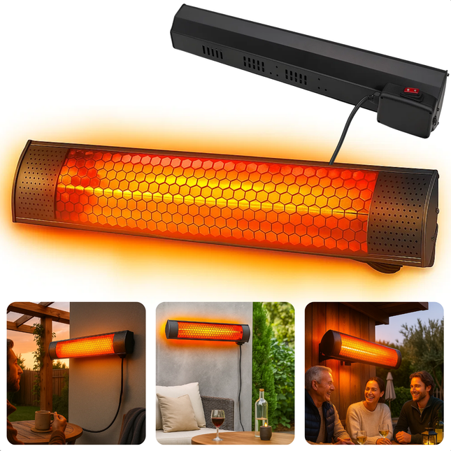 Cheqo® Elektrische Terrasverwarmer - Infrarood Verwarming - 2000W Vermogen - Hangend Model - IP55 Bescherming - Spatwaterdicht - Binnen En Buiten Gebruik - Gouden Halogeenlamp - Wand- Of Plafondmontage - Energiezuinig