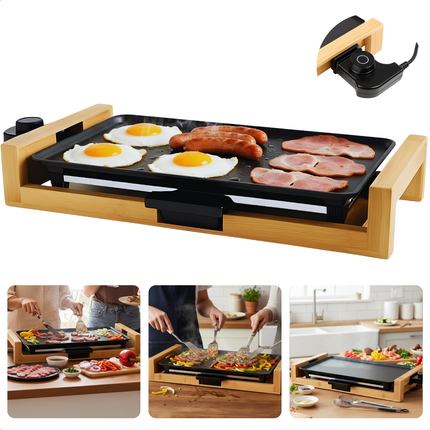 Cheqo® Teppanyaki Bakplaat - Grillplaat Grill - Elektrische Tafelgrill - Bamboe Hout - Bakplaat Kerst - Verstelbare Temperatuur - 2000W Vermogen - Tafelgrill Voor Gezin - Tepanyaki Plaat - Gourmet Grillplaat - Gourmetten Elektrisch