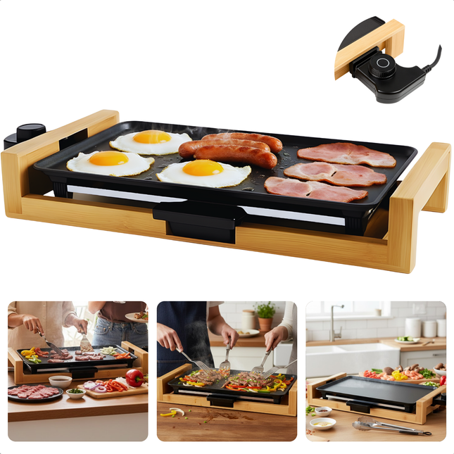 Cheqo® Teppanyaki Bakplaat - Grillplaat Grill - Elektrische Tafelgrill - Bamboe Hout - Bakplaat Kerst - Verstelbare Temperatuur - 2000W Vermogen - Tafelgrill Voor Gezin - Tepanyaki Plaat - Gourmet Grillplaat - Gourmetten Elektrisch
