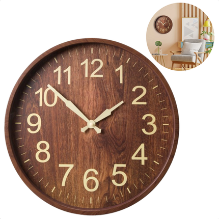 Cheqo® Luxe Wandklok Houtlook - Klok voor aan de Wand - Donkerbruin - 30 cm - Kunststof - Stille Klok