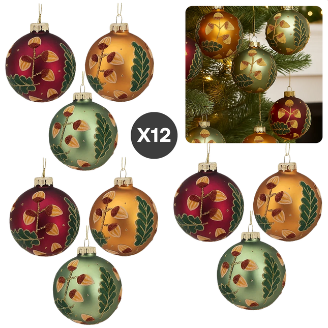 Cheqo® Glazen Kerstballen - Set van 12 - Mat Kerstballen - 8 CM Diameter - Rood Groen Goud - Kerstboomversiering - Kerstversiering - Goudkleurig Kapje - Rode Kerstballen Set