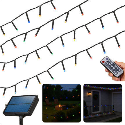 Cheqo® Solar Lichtsnoer - Kerstverlichting Buiten - Kerstboomverlichting - Cluster Verlichting - 10.5 Meter - 240 Led - Met Afstandsbediening - Multicolour - Tuinverlichting Op Zonne-Energie - Sfeerverlichting Buiten - Lichtslinger - Met Timer