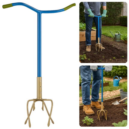 Cheqo® Tuinklauw Verstelbaar - 4-Tands Woelvork - Grond Beluchten - Onkruid Verwijderen - in Lengte Verstelbaar - Ergonomisch Handvat - Staal met Kunststof - Rug- en Knieontlastend - Tuinieren zonder Bukken - Woelvork met Handvatten