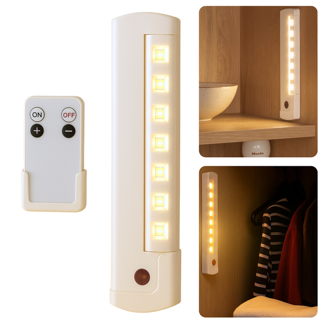 Cheqo® LED Kastverlichting met Bewegingssensor - Oplaadbaar Via USB - Dimbaar Met Afstandsbediening - Draadloze Kastverlichting - 180° Draaibaar - Kledingkast Verlichting - Wit LED Licht - Kast Lamp - Lampje voor Kast - Kast Verlichting